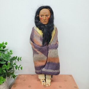 Vintage Skookum-Style Native American Doll • Straw Stuffed • Carved Painted Head